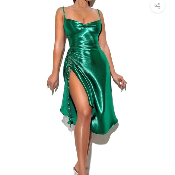 Montego Green Satin Side Slit Dress - Picture 1 of 3